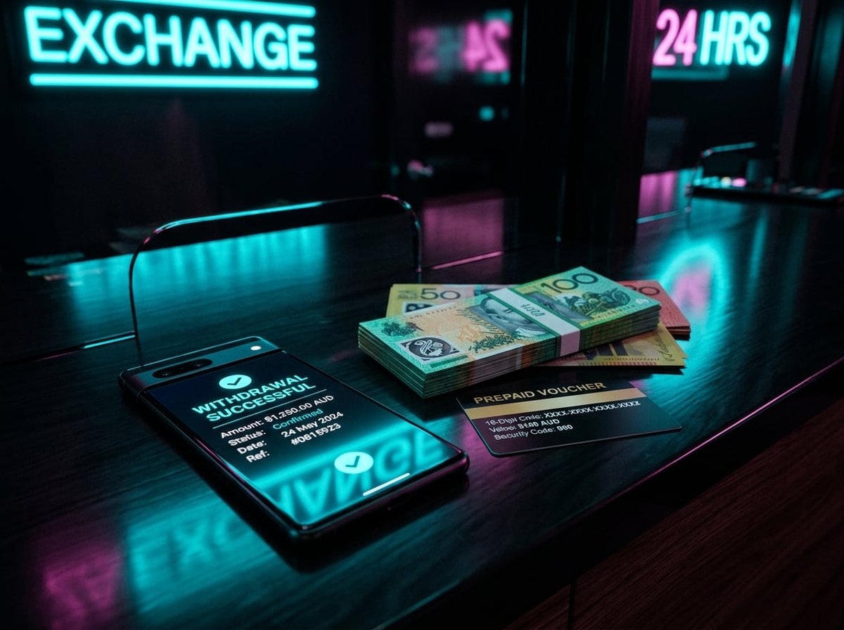 A phone displaying a withdrawal confirmation and a stack of Australian bank notes, lit by cyan neon reflecting off dark surfaces