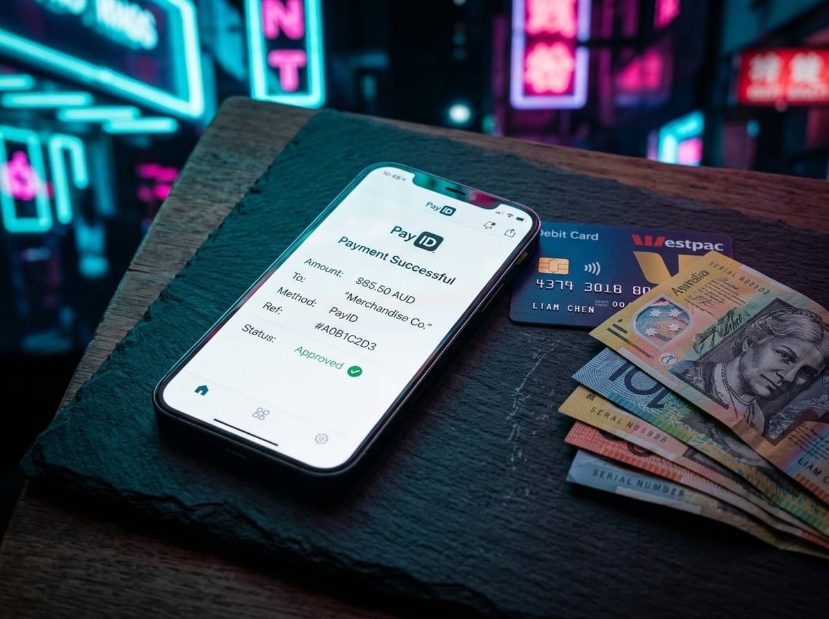 A close-up of a phone showing a PayID confirmation with an Australian debit card and a small stack of AUD notes on a dark surface, magenta and cyan neon light in the background